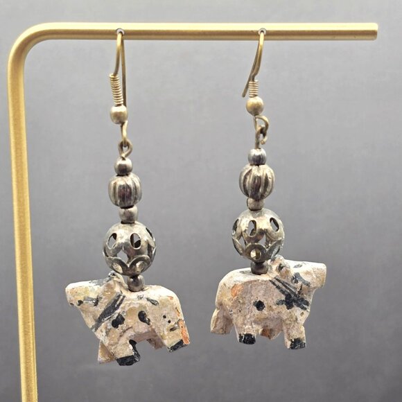 VTG Elephant Dangle Earrings 2.25" Carved Wood & Antique-Style Silver Beads - Picture 1 of 11